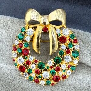 Vintage Lia Brooch Gold Tone Rhinestone Wreath Christmas Holiday Bow